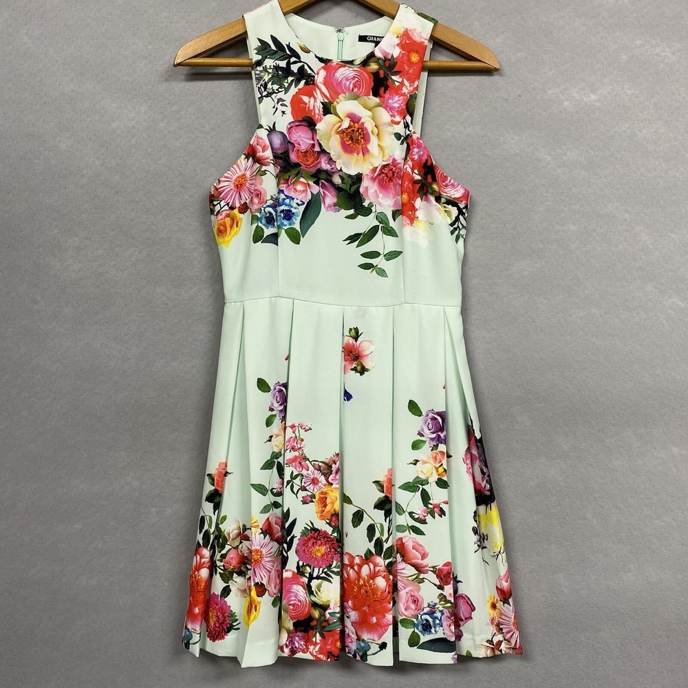 Gianni Bini Women XS Dress Mint Floral Sleeveless High Neck Pleated A-Line Short